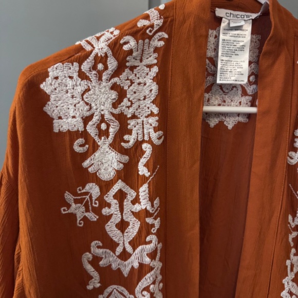 Chico's Xs Burnt Orange With White Embroidery Kimono - Picture 2 of 3